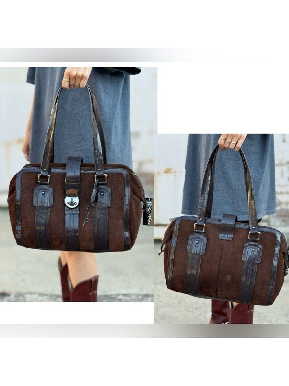 Black suede and burgundy patent leather Boston bag